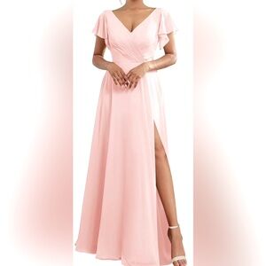 JJs House Blush Pink V-Neck Flutter Sleeve Maxi Dress with Side Slit